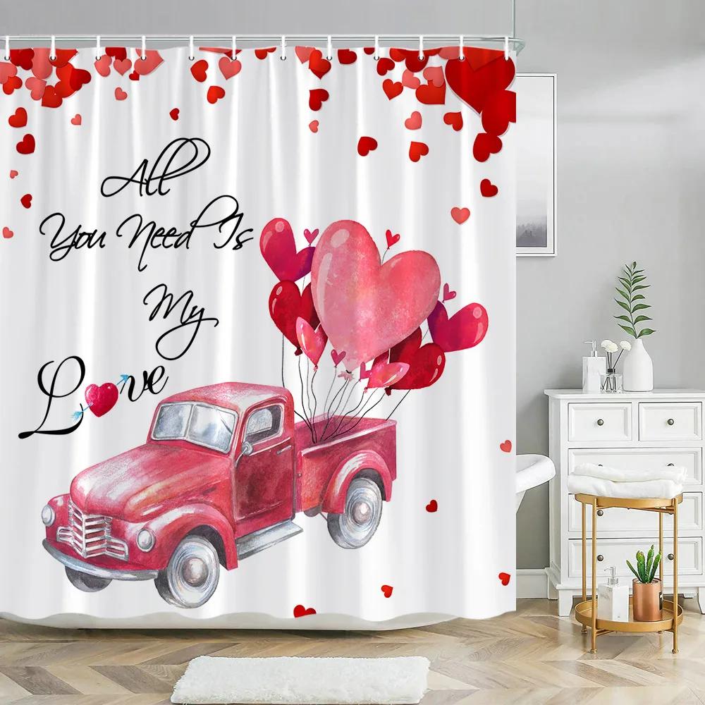 Valentine's Day Shower Curtain Love Tree with Elf Truck Romantic Pink Swing Balloon Love Polyester Printed Fabric Bathroom Decor