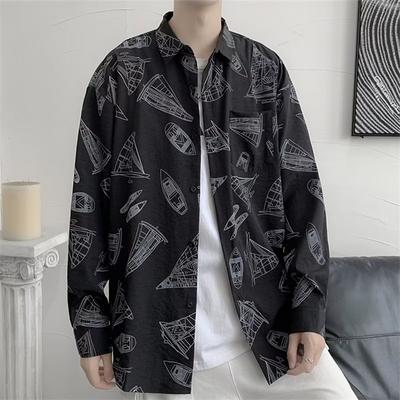 Spring and Autumn Graffiti Long-Sleeved Shirt Men's Printed Ins Fashion Brand Hong Kong Style Japanese Style Students All-Match Fashion Couple's Tops