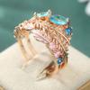 Vintage Inlaid Sea Blue Pink CZ Women's Ring Creativity CopperColor Hand Carving Leaf Daily Wear Party Jewelry Anniversary Gift