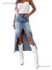 High-Waisted Irregular Frayed Denim Midi Skirt - Women's Vintage Washed Skirt