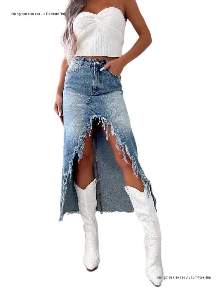 High-Waisted Irregular Frayed Denim Midi Skirt - Women's Vintage Washed Skirt