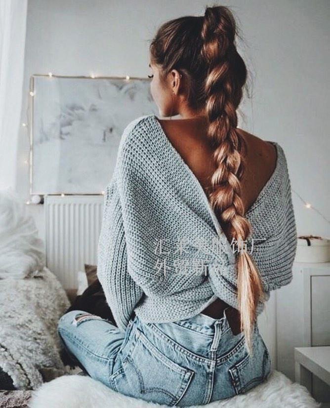 Women's 2018 Autumn Winter Knitwear: Round Neck Backless Cross Sweater for Office Commuting