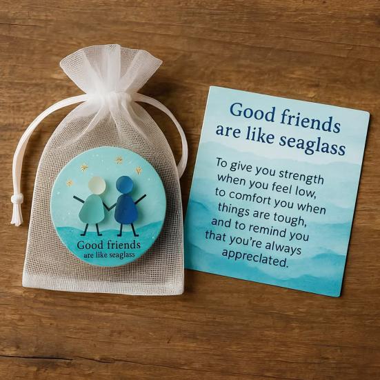 Friendship Sea Glass Christmas Ornament Inspirational Card with Acrylic Charm in Mesh Bag Meaningful Gift for Best Friends Lasting Bonds