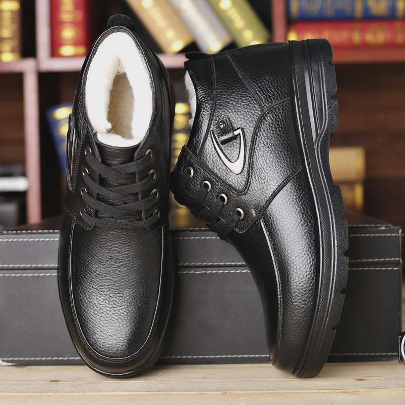 Pantofi de iarnă pentru bărbați, impermeabili, din piele, anti-alunecare, pentru vârstnici - Călduși, căptușiți cu catifea, îngroșați pentru vârste mijlocii și vârstnici.