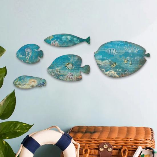 5 Pcs Wood Fish Nautical Wall Decor Rustic Blue Fish Wooden Wall Art Coastal Beach Hanging Sculpture for Home Lake House Bathroom Decor
