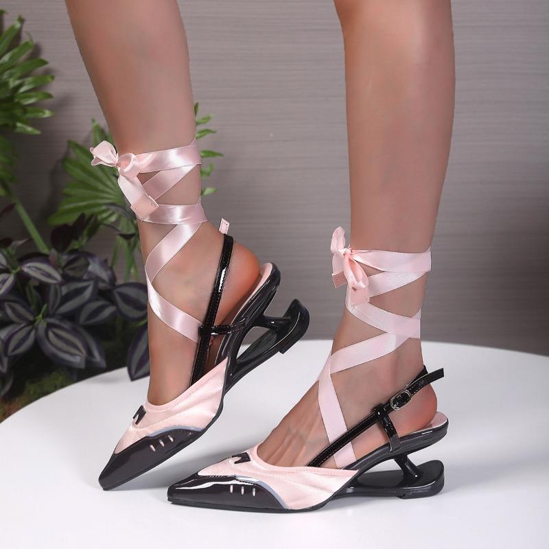 Fashion Spliced Shallow Fork Lace-up Wrapped Head Back Empty Sandals Women's Summer Pointed Toe Non-Slip High Heels