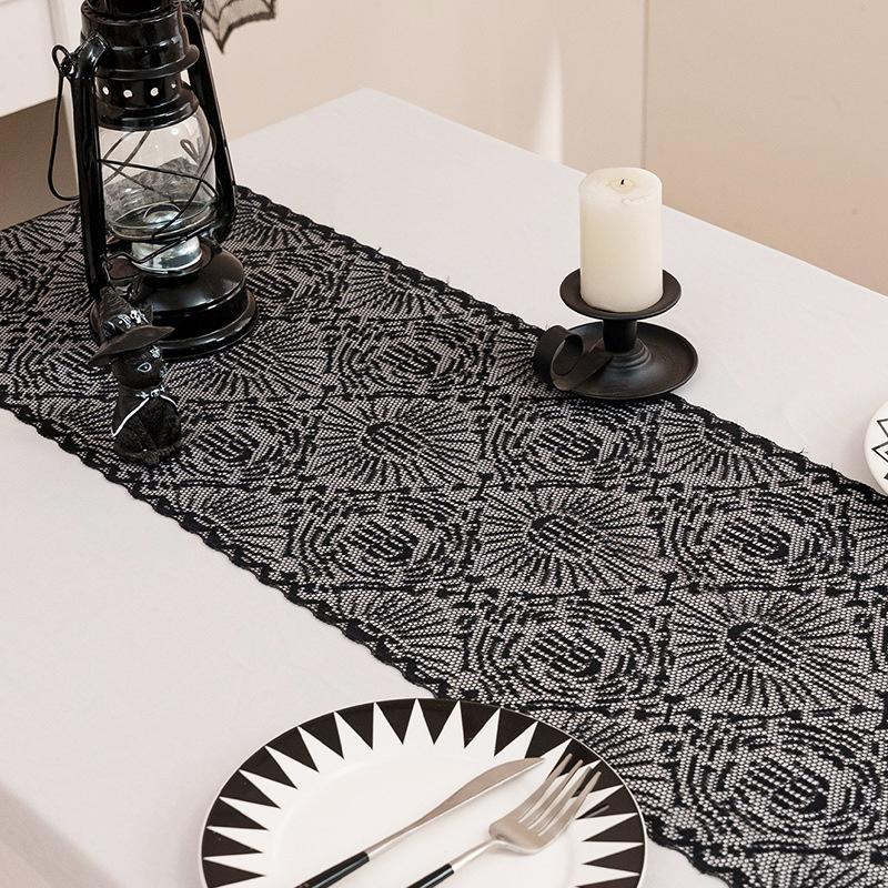 Halloween Black Lace Table Runner Halloween Table Decoration Skull Soft Table Runner Holiday Party Decoration Table Flag
