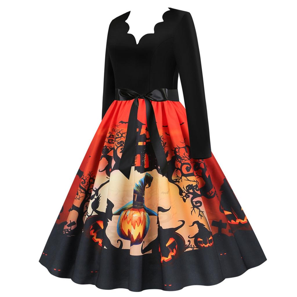 Women's Casual Halloween Printed V-Neck Zip-Up Long Sleeve Panel Swing Dress