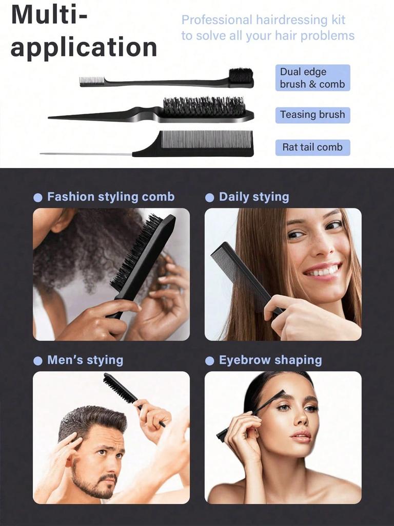 3pcs Slick Back Hair Brush Set With Edge Brush Hair Brush Rat Tail Comb Teasing Brush For Smoothing Hair & Flyaways,Hair Brush,Comb,Hair Tools,
