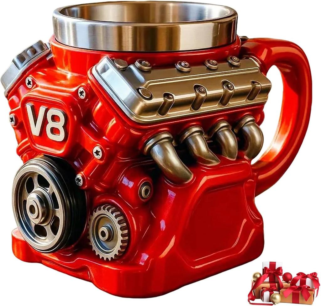 Retro Engine Coffee Mug, V8 Engines Stainless Steel Cup, Personalized Double Wall Insulation Car Mug with Handle Perfect for Father's Day, Christmas
