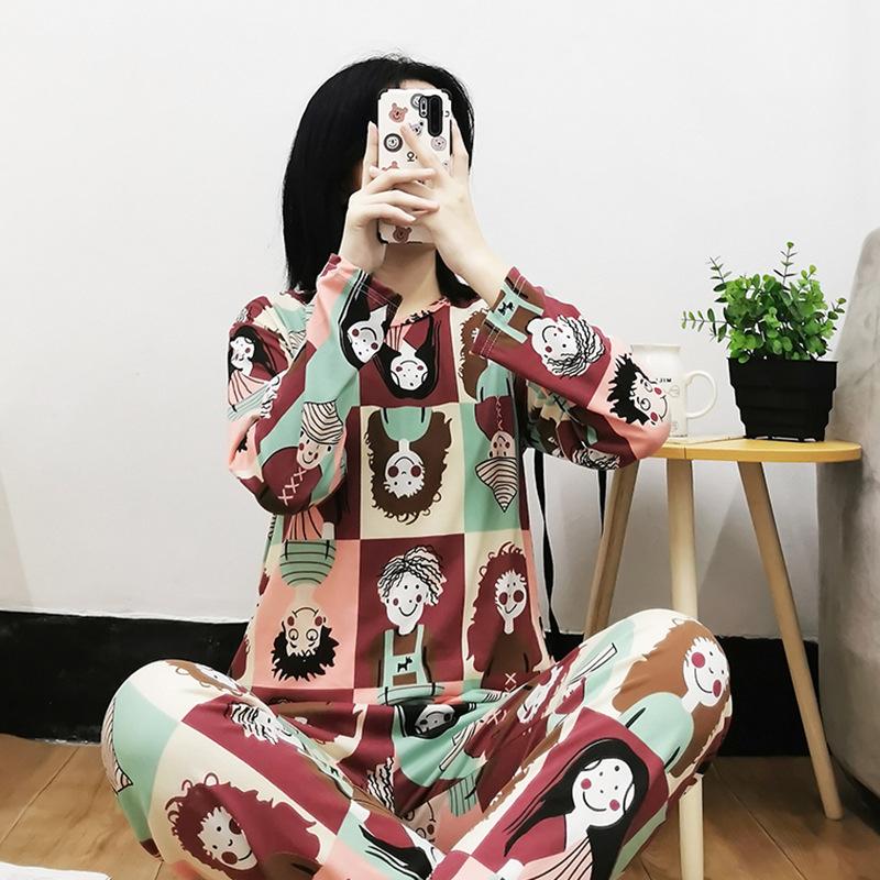 

GMXIA Женский весенне-осенний комплект из двух предметов: милый повседневный домашний костюм с круглым вырезом и длинными рукавами и длинными брюками M