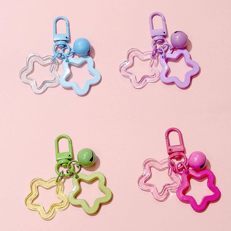 Color Candy Acrylic Pentagram Key Chain Stars Bell Charms Key Ring Earphone Case Purse Wallet Decor Accessories Kid Girls Gifts