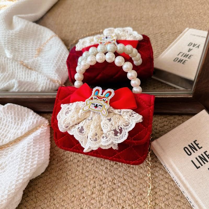 Red Cute Delightful Bowknot Childrens Handbag With Trendy Chain And Handle Pearl