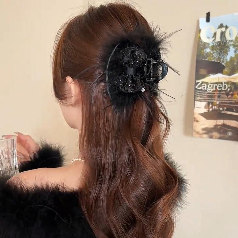 Bow sequined feather acrylic hair grab back of head shark clip fashion high-end hair accessories women