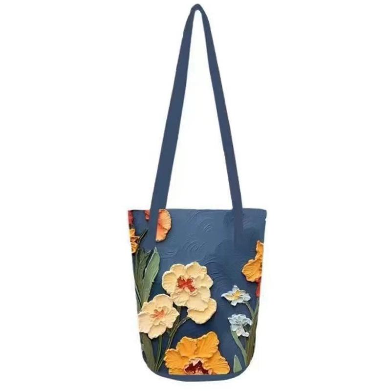 2025 New Oil Painting Floral Bucket Bag for Women High-End Design Large Capacity Tote Handbag Versatile Shoulder Bag for Daily Commute Office Use