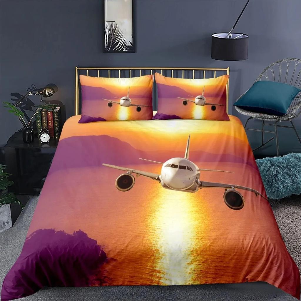 Airplane King Queen Full Duvet Cover Vintage Fighter Bedding Set For Kids Teens Adults Sky Clouds Grey 2/3pcs Soft Quilt Cover