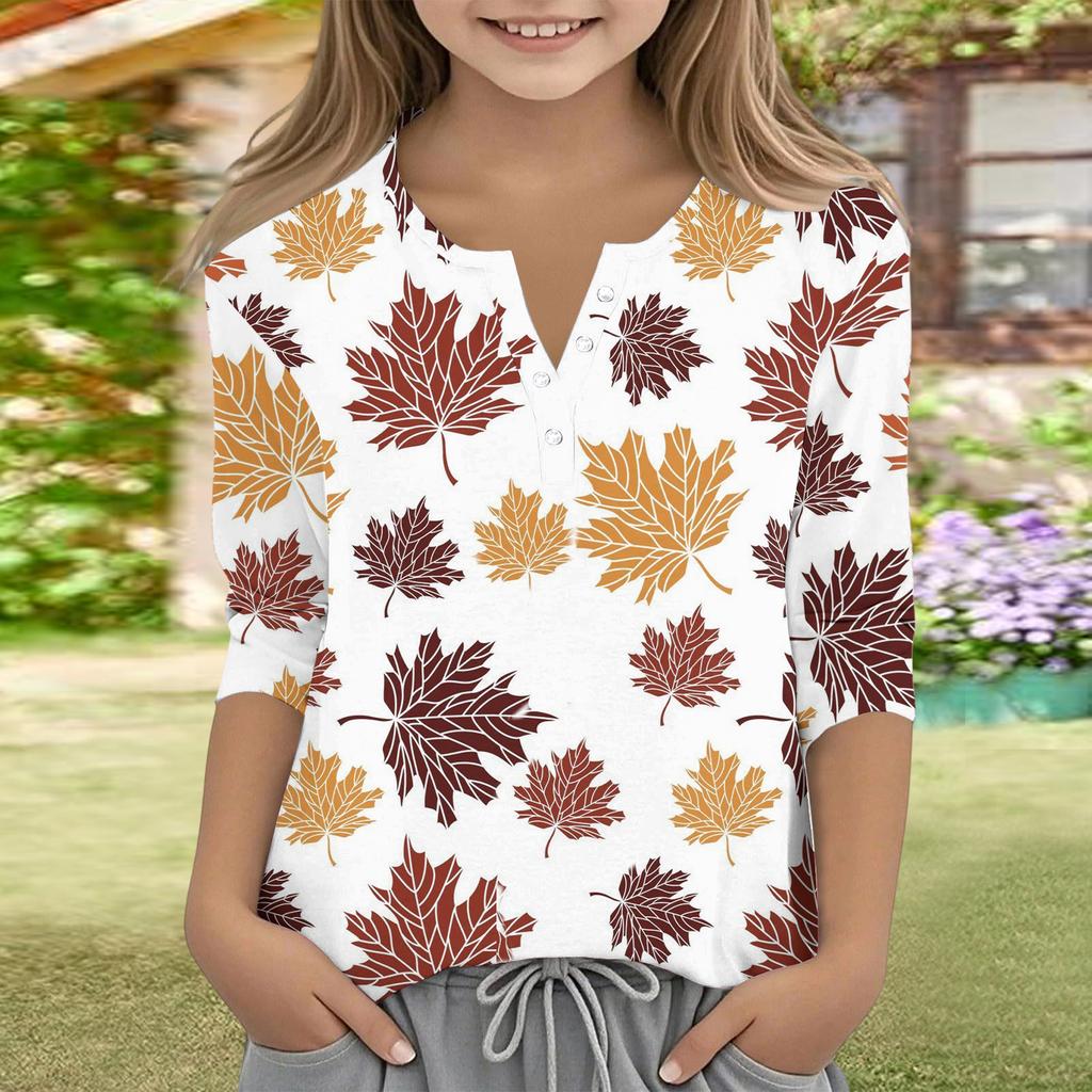 Print Tops For Youth Girls V Neck Button 3/4 Sleeves T-Shirts Trendy Tops Outfit Tees