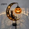 Solar Flower Bed Lights Halloween Garden Stake Light, Soft Warm Jack-o-Lantern, Moon Cat Silhouette Outdoor Pathway Decor, Waterproof Metal Lawn Patio