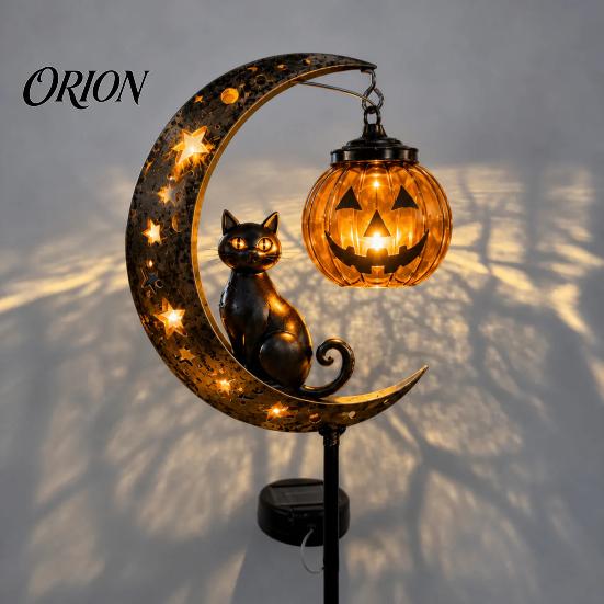 Solar Flower Bed Lights Halloween Garden Stake Light, Soft Warm Jack-o-Lantern, Moon Cat Silhouette Outdoor Pathway Decor, Waterproof Metal Lawn Patio