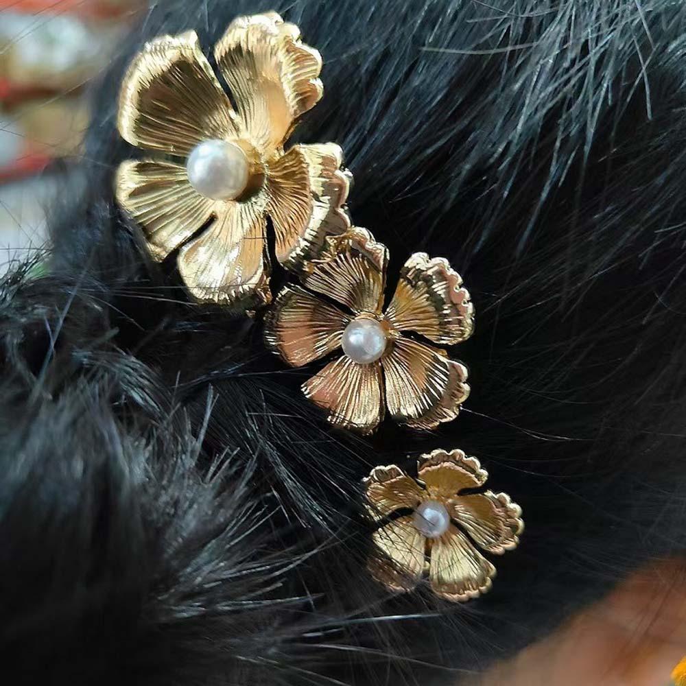 5pcs Elegant Golden Flower Hair Forks Hairstyle Tools Wave Zinc Zinc Alloy Barrettes  Bridesmaid
