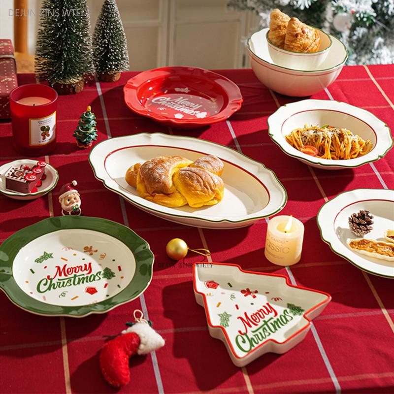 Exquisite Ceramic Plates Custom Christmas Tableware Home Dessert Steak Plates Noodle Bowls Kitchen Ceramic Fruit Salad Bowls