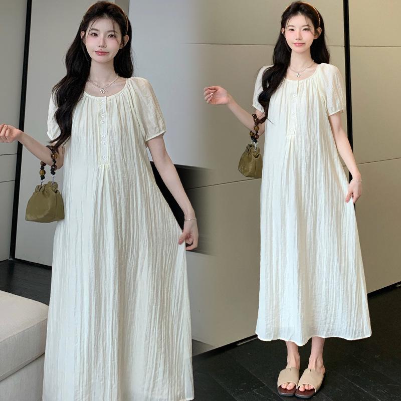 2026 Summer New Maternity Fairy Dress: Simple Round Neck, Loose Fit with Slimming Belt L
