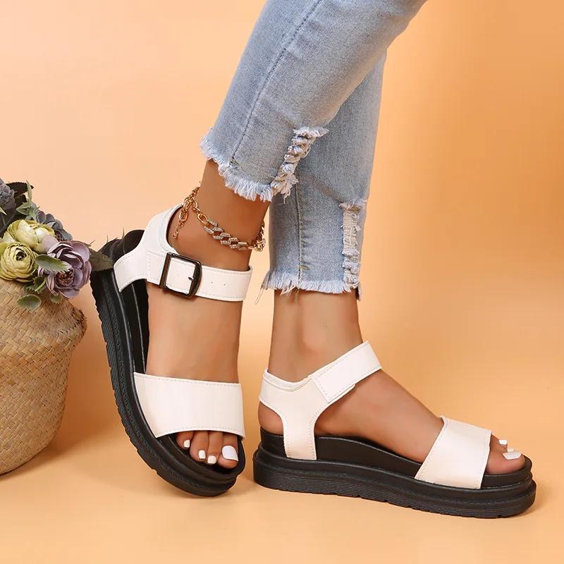 Fashion Women's Leather Sandals One-word Belt Buckle Roman Shoes Ladies Open Toe Flat Sandal Shoes Beach Holiday Sandals Sandalias