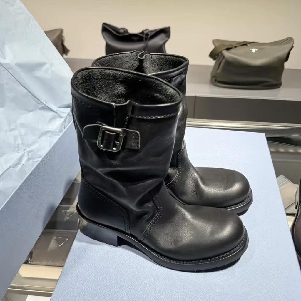 Retro New Thick Heel Handmade Pleated Medium Tube Boots Women's Versatile Thick-soled Stacking Boots Belt Buckle Sleeve Short