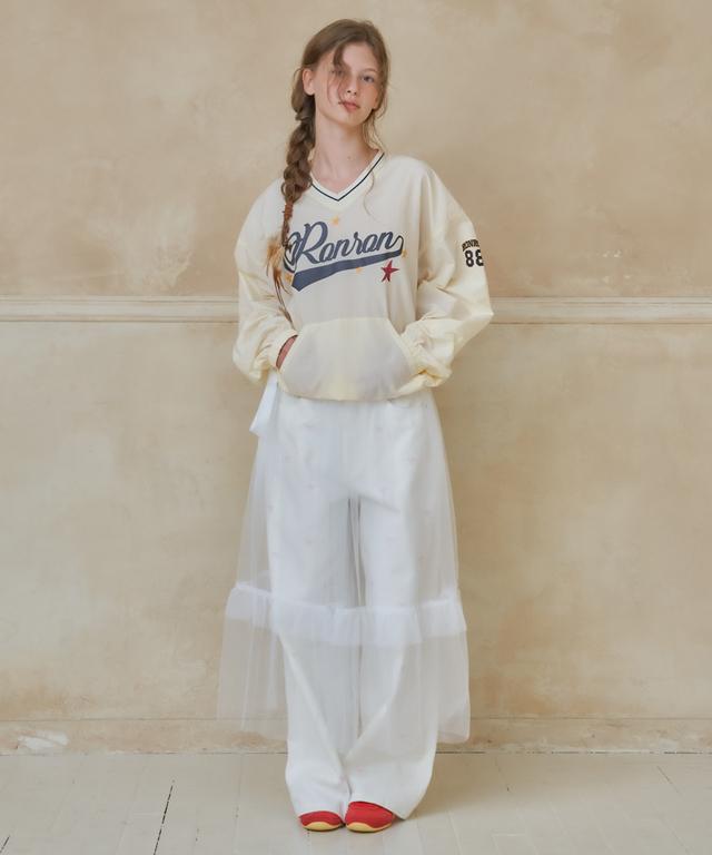 Ronron Ribbon Pattern Wide Denim Pants White