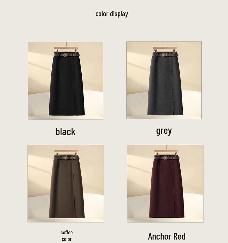 Gray Woolen A-Line Midi Skirt for Women - Autumn/Winter 2024 Stylish Hip Wrap Skirt