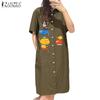 ZANZEA Women Summer Turn Down Collar Casual Short Sleeve Print Shirt Dress