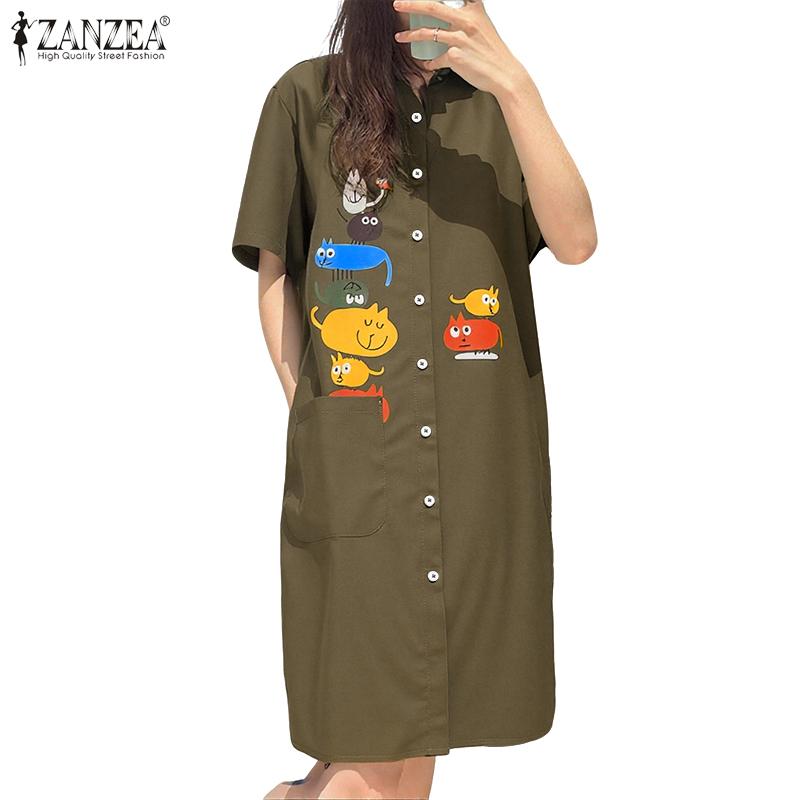 ZANZEA Women Summer Turn Down Collar Casual Short Sleeve Print Shirt Dress