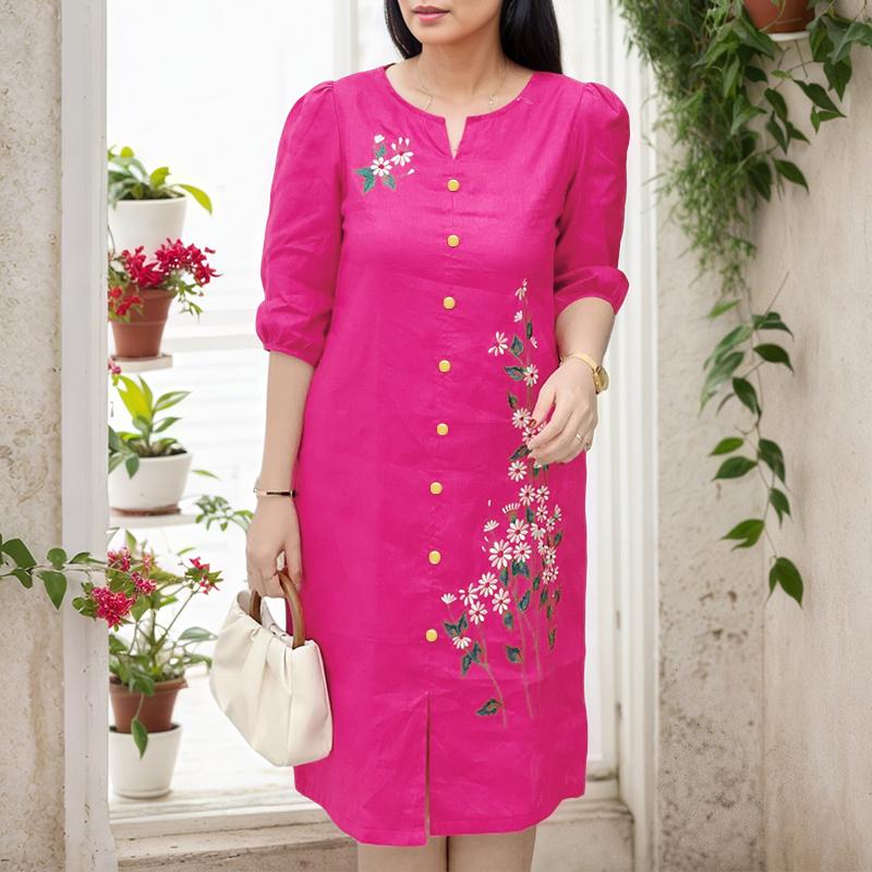 ZANZEA Women Casual V-Neck 3/4 Sleeve Loose Floral Print Dress