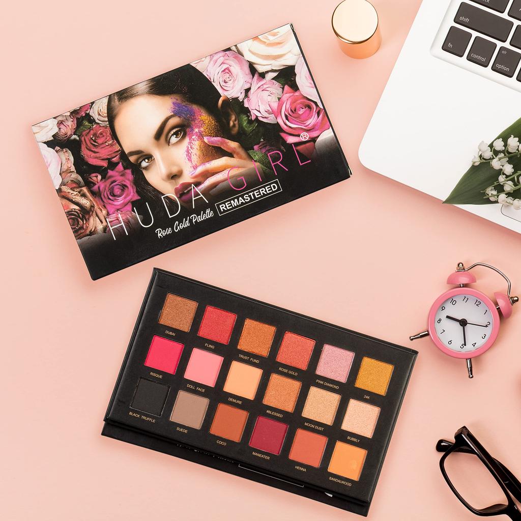HUDA GIRL BEAUTY 18 Shades Rose Gold Edition Eyeshadow Palette with Mirror - Shimmer, and Matte Eye Shadow | Including Mars Colors and Black Shade