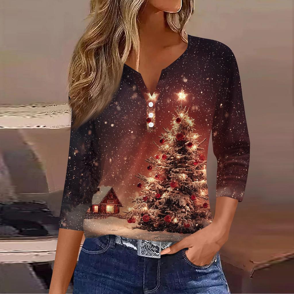 Women's Fashion Casual Christmas Tree Print V-Neck Decorative Button Three-Quarter Sleeve T-Shirt Top