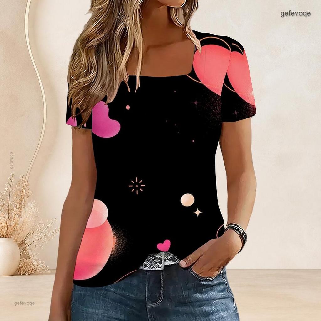 Women Plus Size Short Sleeve U Neck T Shirt Pink Heart Flower Star Dark Background Print Top