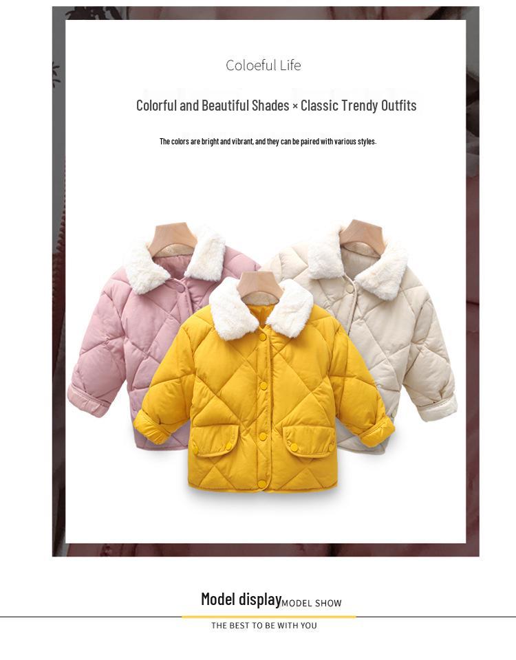 Korean Style Kids' Quilted Fur Collar Jacket - Warm, Thick, Loose Fit for Boys & Girls, Autumn Winter.