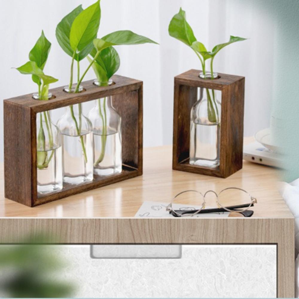 Creative Hydroponic Wooden Frame Vase Tethered Fresh Living Room Minimally Decorative Ornament Desktop Green Rose Vase