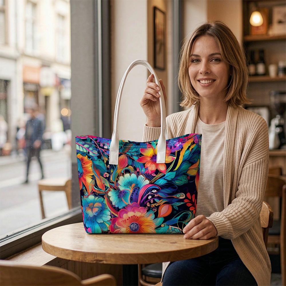 Vibrant Floral Printed Tote Bag Fashion Casual Portable Shopping Handbag Stylish Daily Use Shoulder Bag for Women