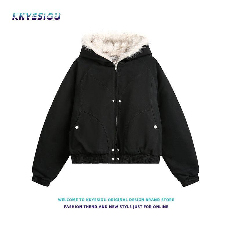 Unisex White-Gray Winter Street Style Short Fur Collar Cotton Jacket