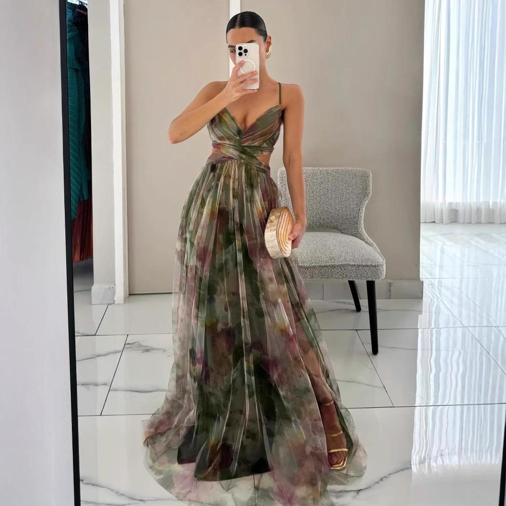 Popular Dress Mesh Printed Suspender Dress INS Vacation Party Dress Summer