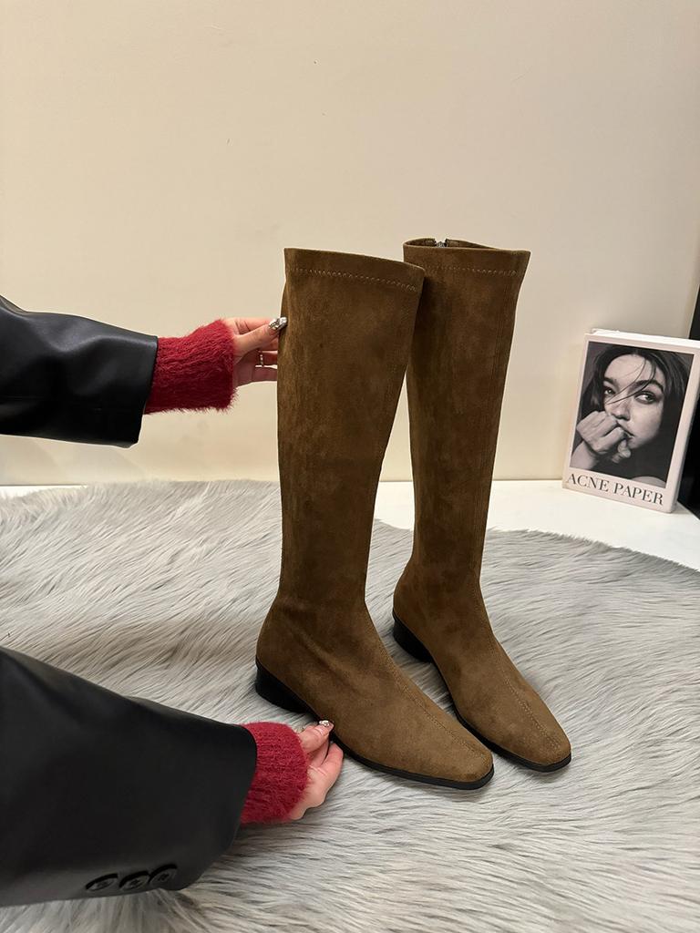 Dicker Absatz Vintage Wildleder Lange Stiefel Damenschuhe Jahr Skinny Boots Mittlere Ritterstiefel