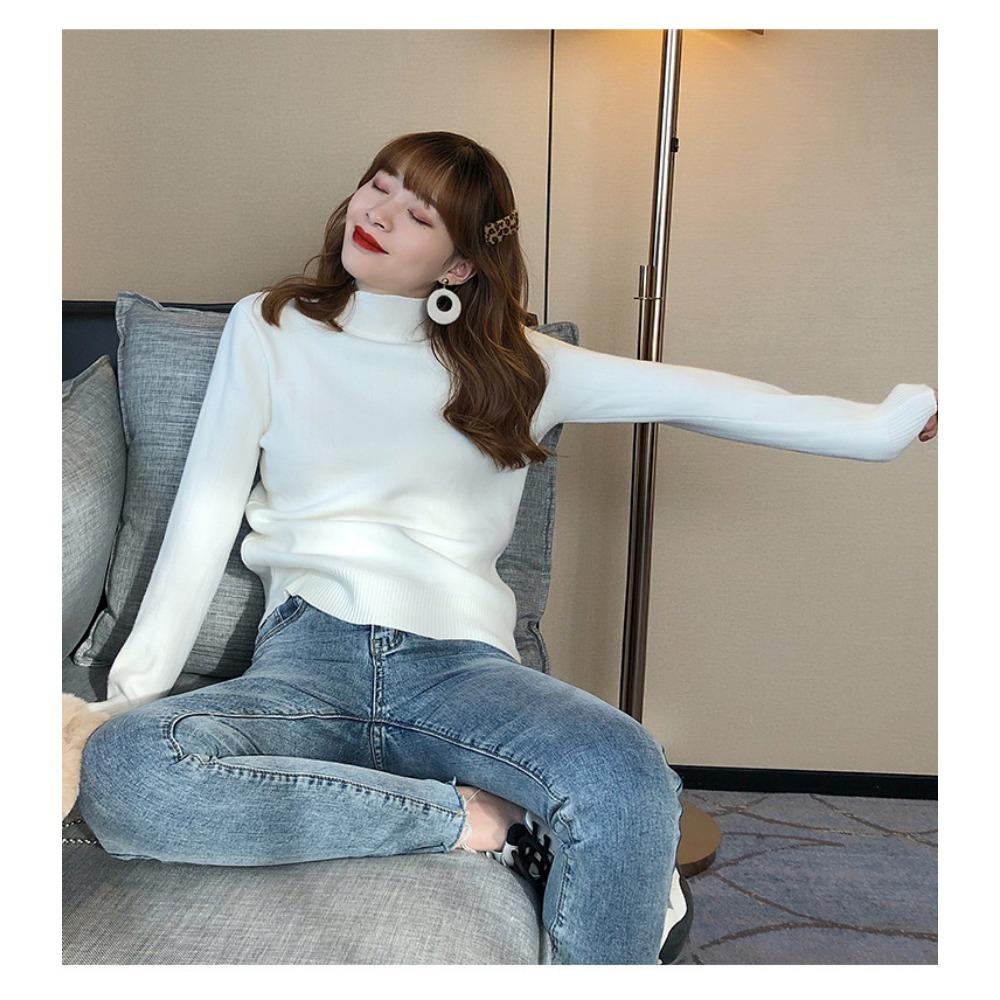 Autumn and Winter Women's Padded Thickened Sweater Single Layer Mid-collar Half-high Neck Knitted Bottoming Shirt Mink Warm Tops