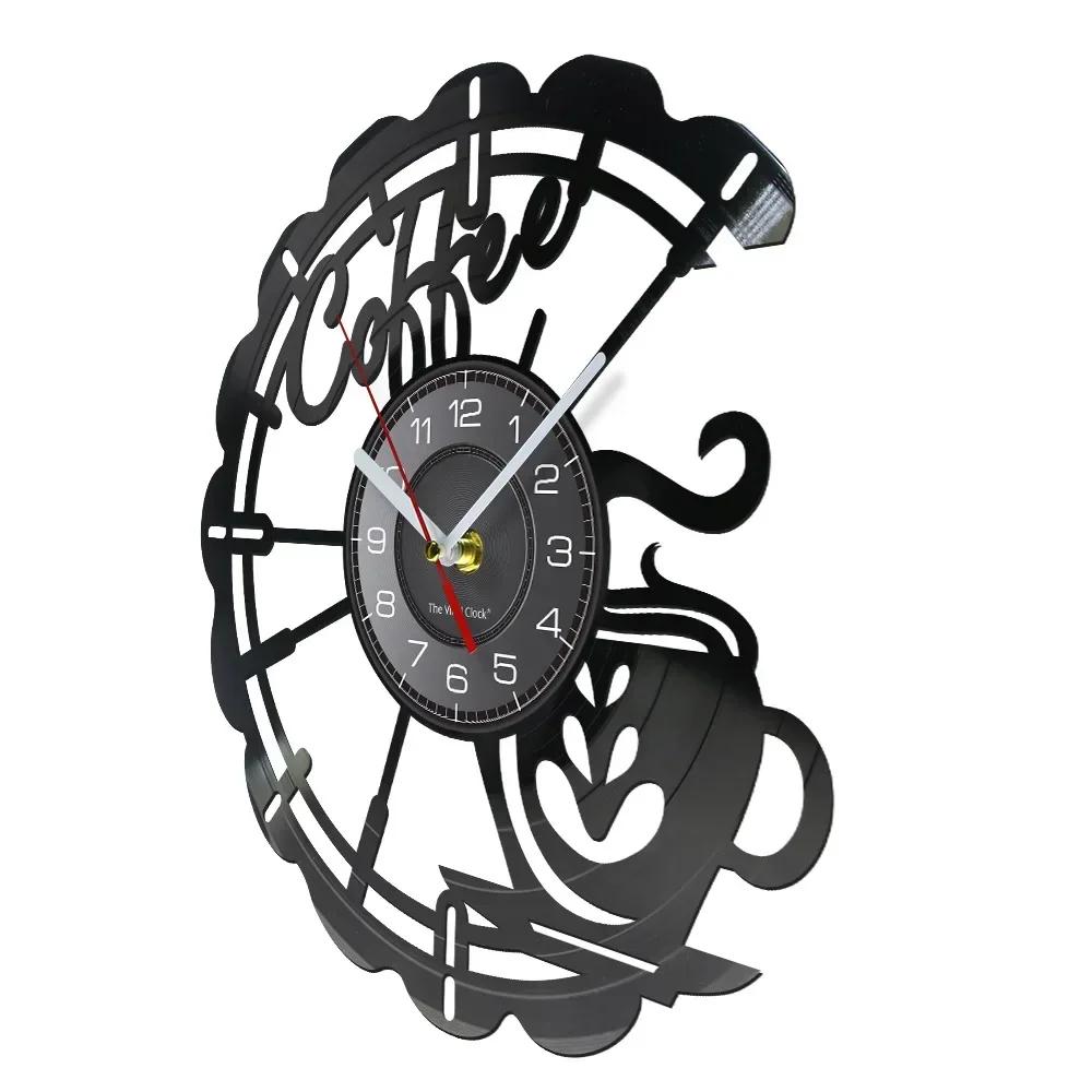 Coffee Cup Cut Out Longplay Wall Clock Kitchen Decor Cafe House Coffee Sign Black Noiseless Hanging Wall Clock Gifts for Barista
