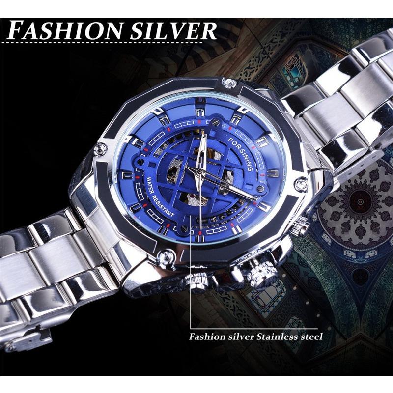 Forsining Men's Fashion Casual Blue Hollow Waterproof Automatic Mechanical Watch GMT1114-8-A