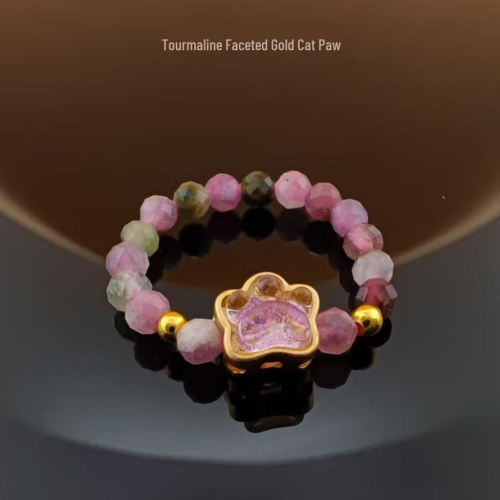 Natural Crystal Tourmaline Cat Paw Lucky Ring with Elastic Beaded Band