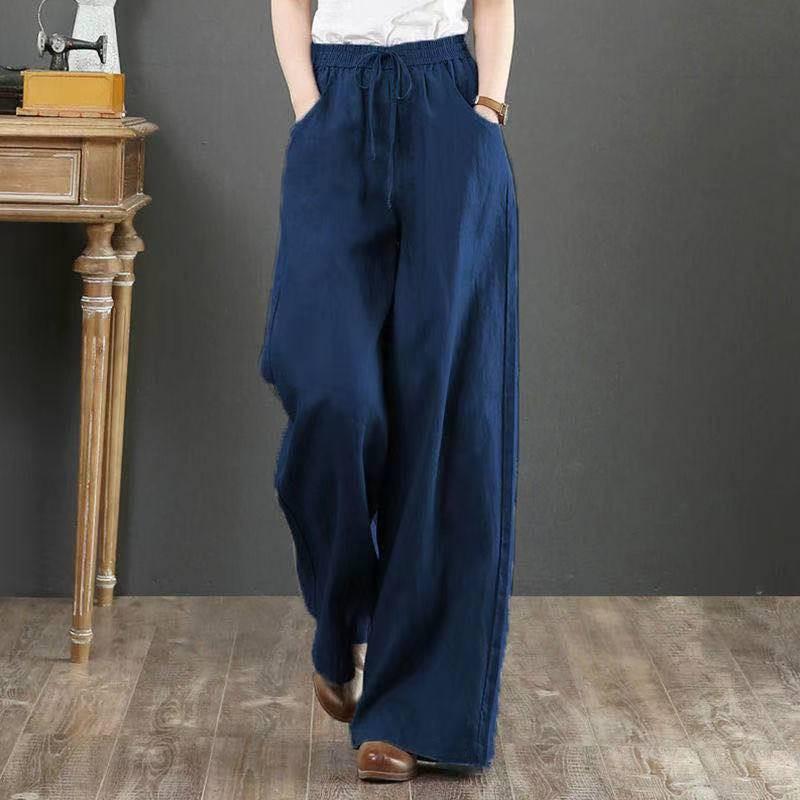 Sixteen Colors Multi-color High Waist Wide-Leg Linen Cotton Korean Style Women's Pants, Spring/Summer, Plus Size, Floor-Length, Straight Leg.