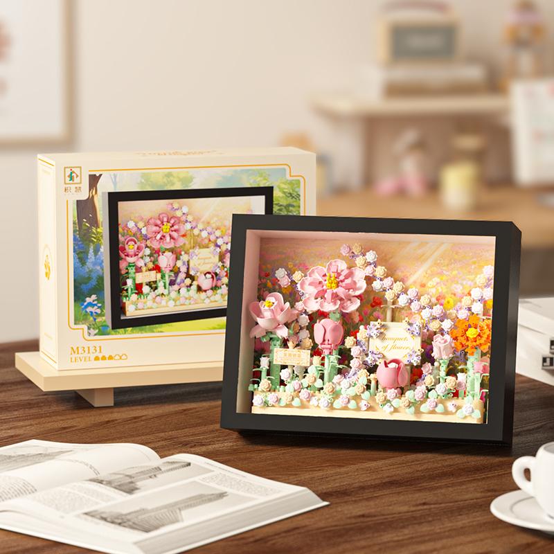 Creative MOC Assembled Building Block Toy Cherry Blossom, Rose, Sunflower, Santa Claus Flower Photo Frame Series Birthday Gift