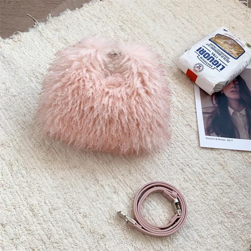 

Winter Faux Fur Women s Small Shoulder Bag Soft Plush Ladies Furry Messenger Bags Imitati Wool Female Fluffy Clutch Handbags рожевий