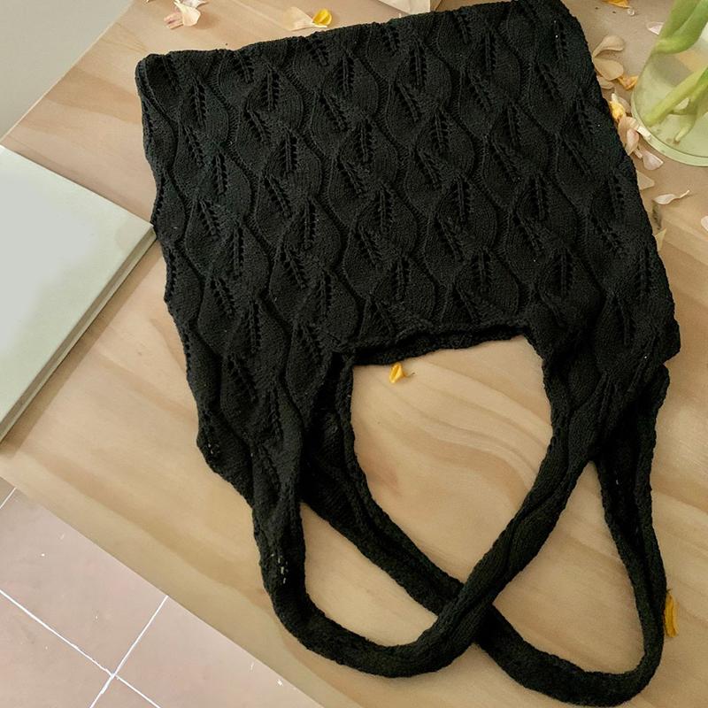 

Yogodlns, однотонная вязаная крючком сумка ручной вязки, шерстяные сумки на плечо высокой вместительности, дорожная летняя сумка-шоппер для путешествий, отдыха, летняя сумка-шоппер для женщин 35x34cm чёрный